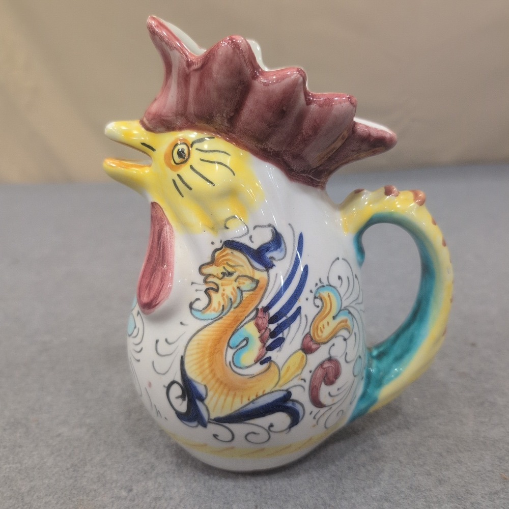 Vintage Italian Ceramic Rooster Pitcher Hand Painted Raffaellesco Dragon Creamer